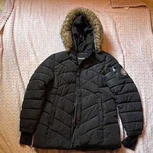 Madden Black Puffer Jacket with Faux Fur Hood